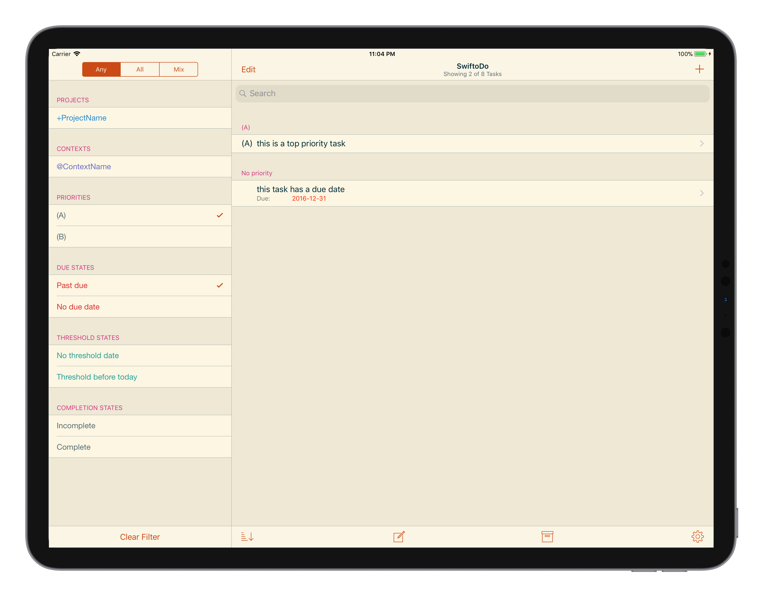 Screenshot of SwiftoDo running on iPad, showing the task list filter screen