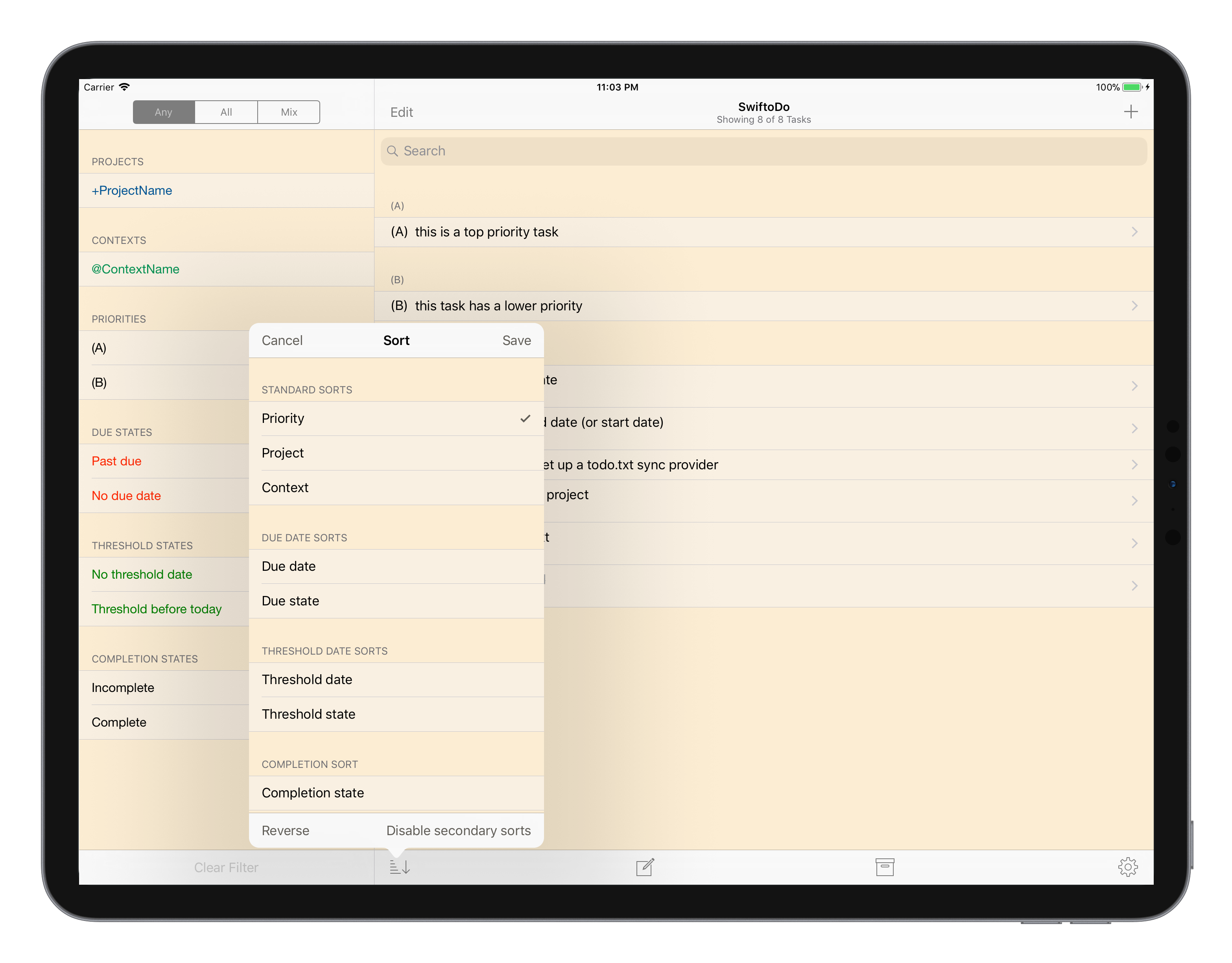 Screenshot of SwiftoDo running on iPad, showing the task list sort screen