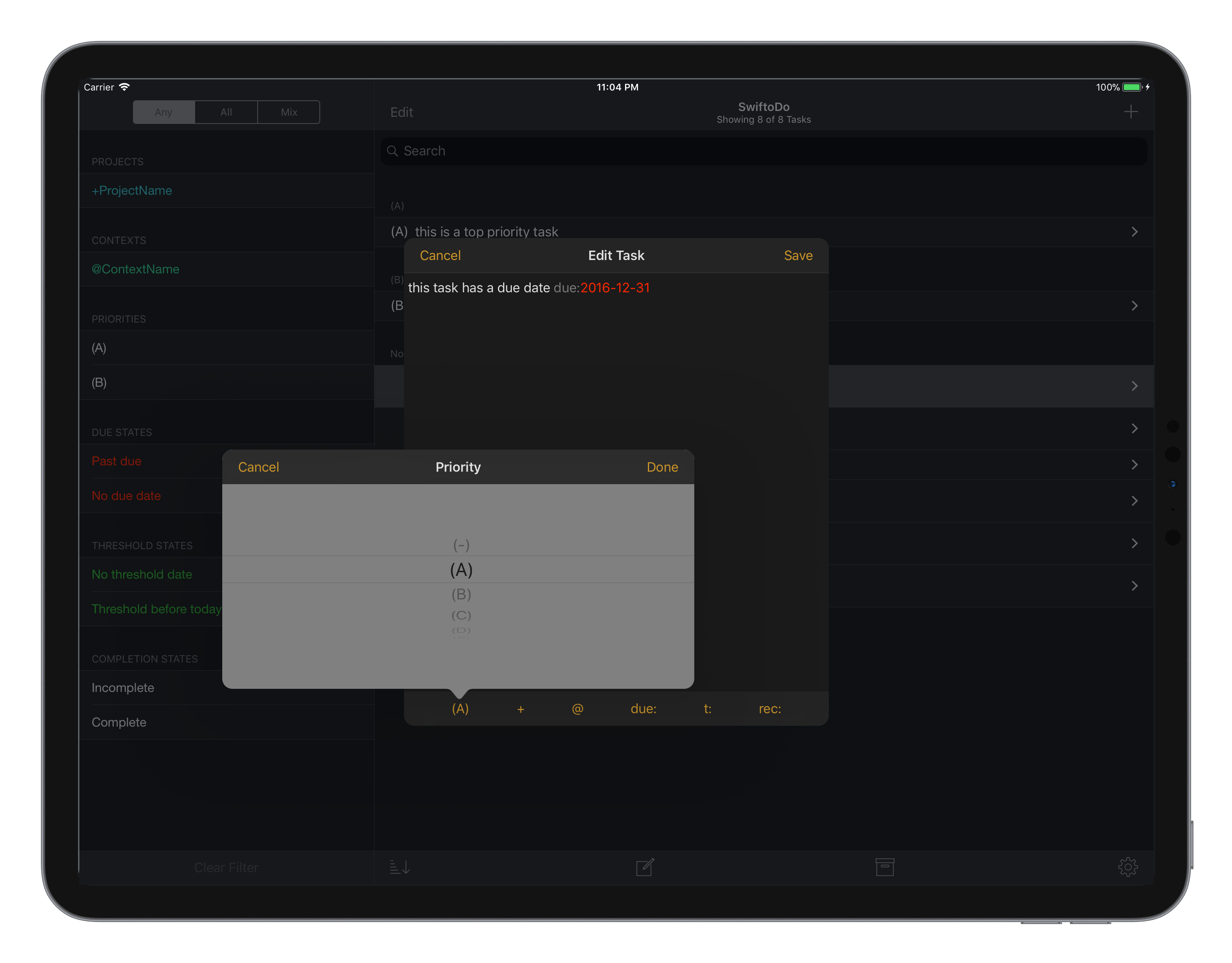 Screenshot of SwiftoDo running on iPad, showing the task editor