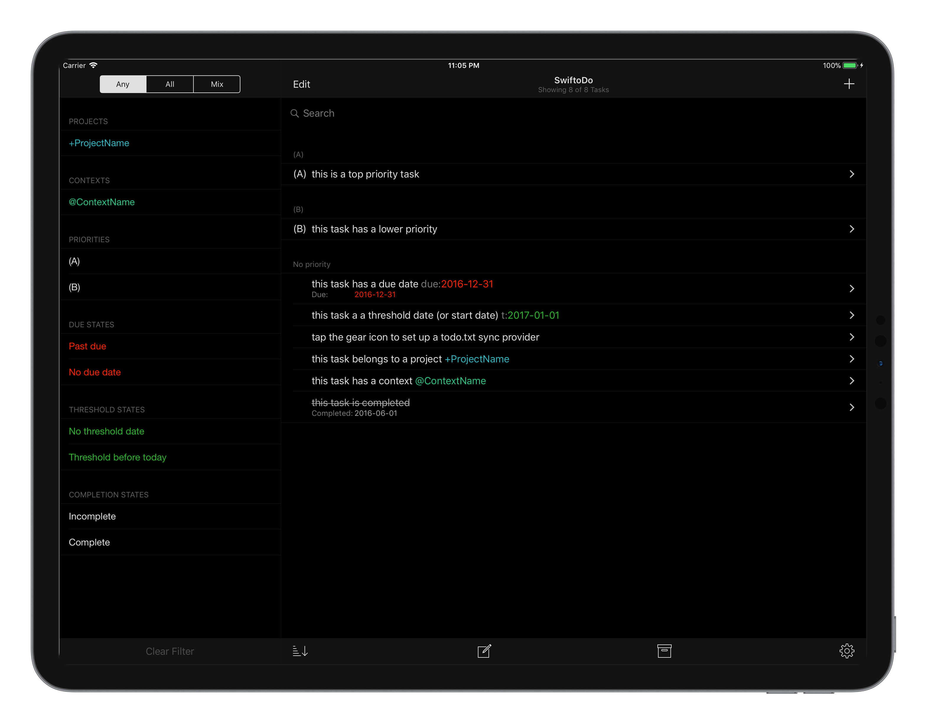 Screenshot of SwiftoDo running on iPad, showing the task list with the dark theme