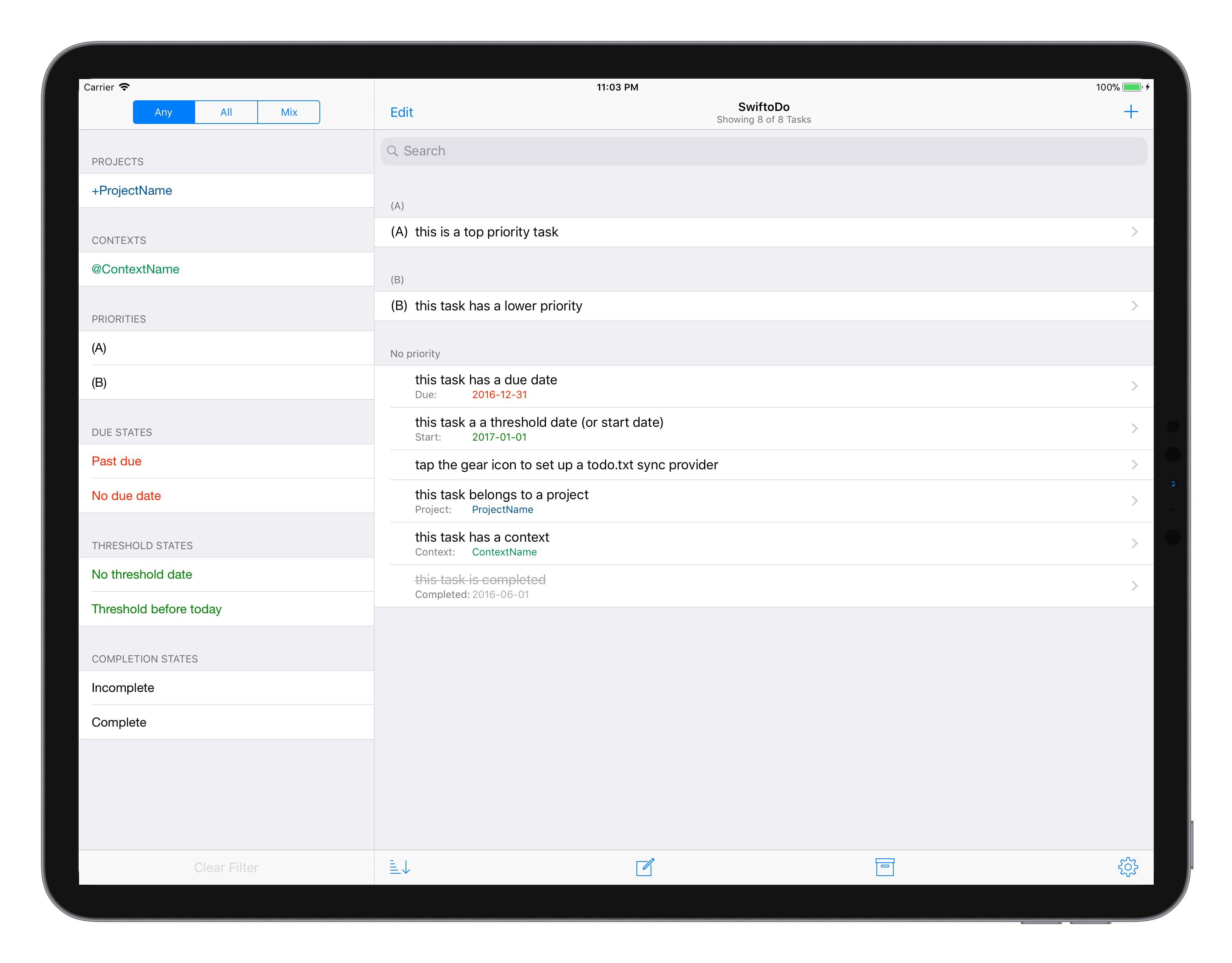 Screenshot of SwiftoDo running on iPad, showing the task list