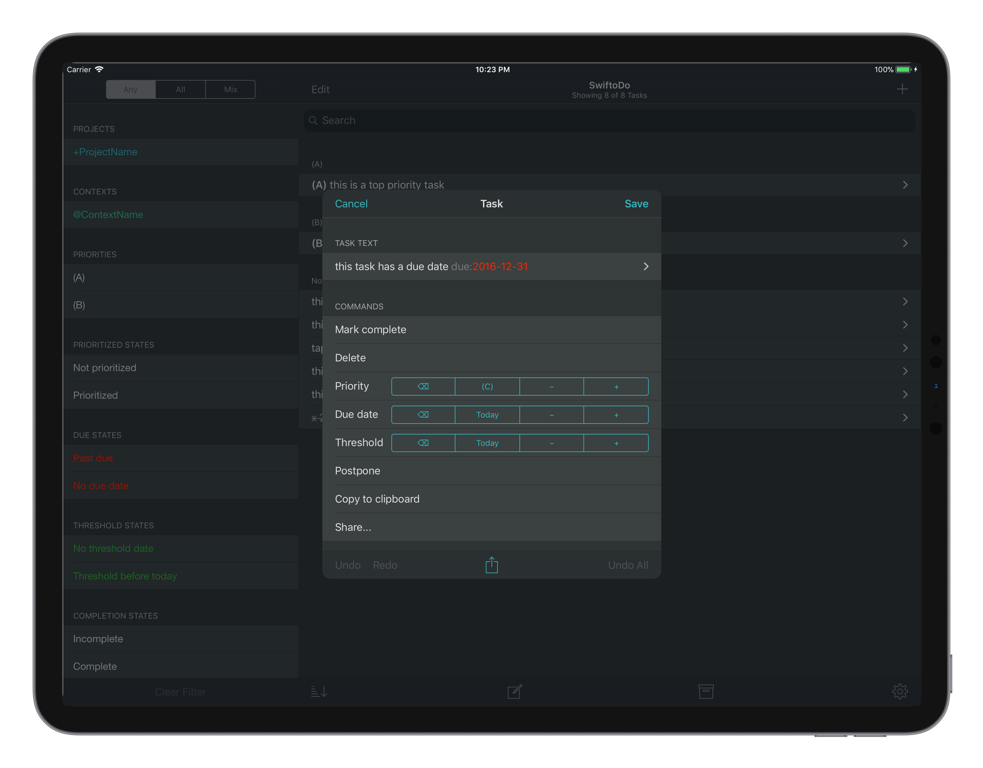 Screenshot of SwiftoDo running on iPad, showing the task view