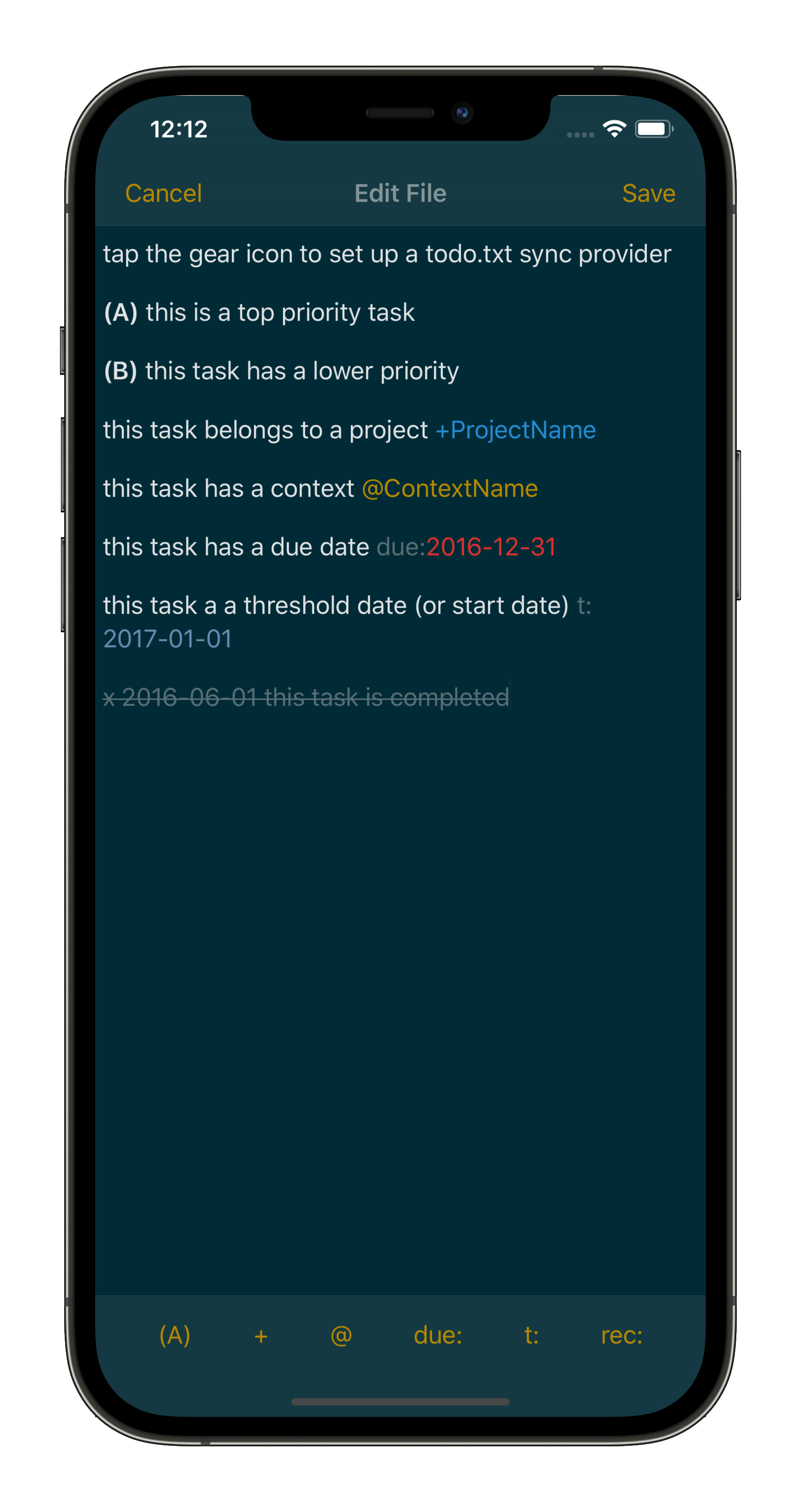 Screenshot of SwiftoDo running on iPhone, showing the task list in file edit mode