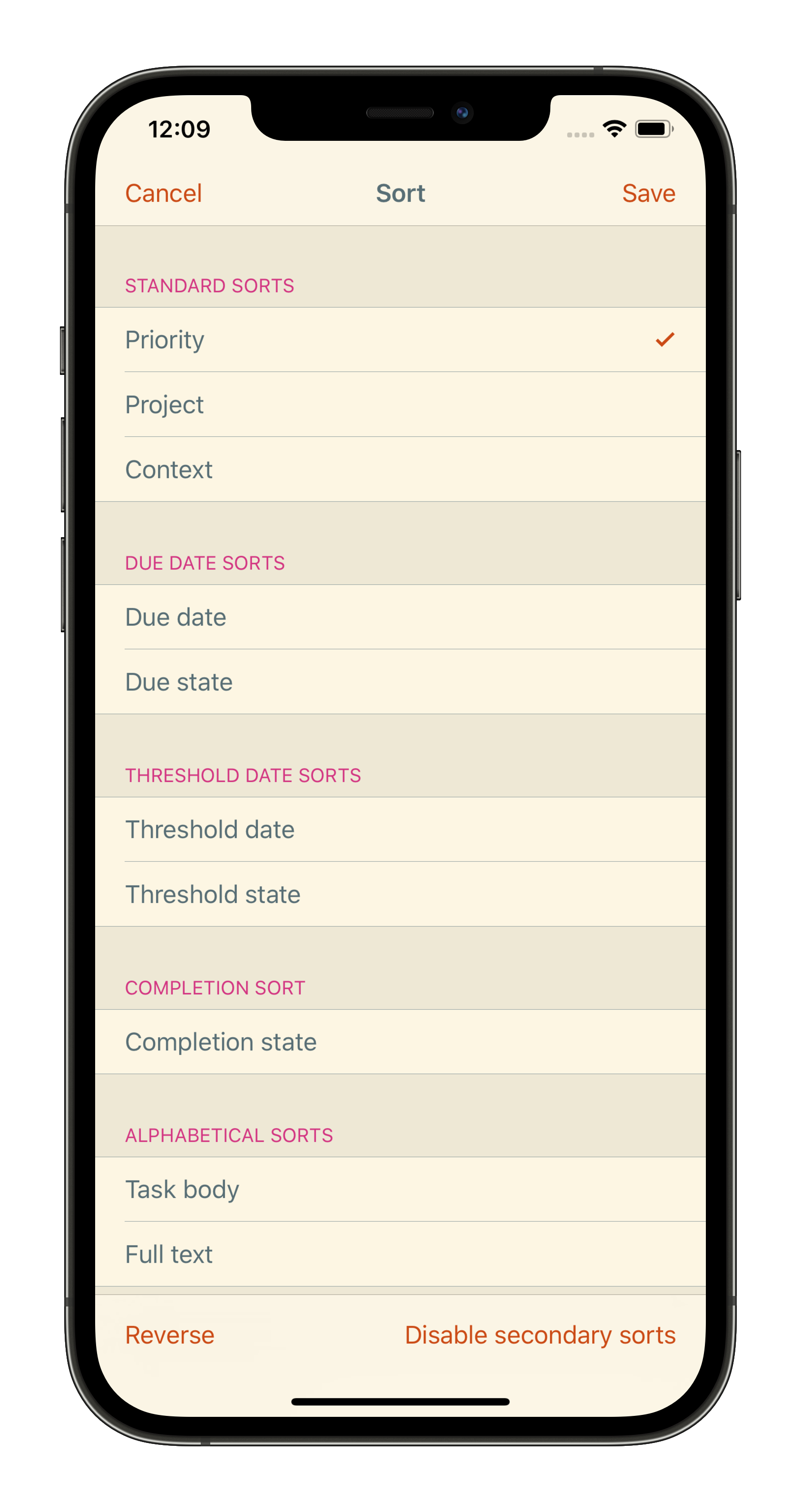 Screenshot of SwiftoDo running on iPhone, showing the task list sort screen