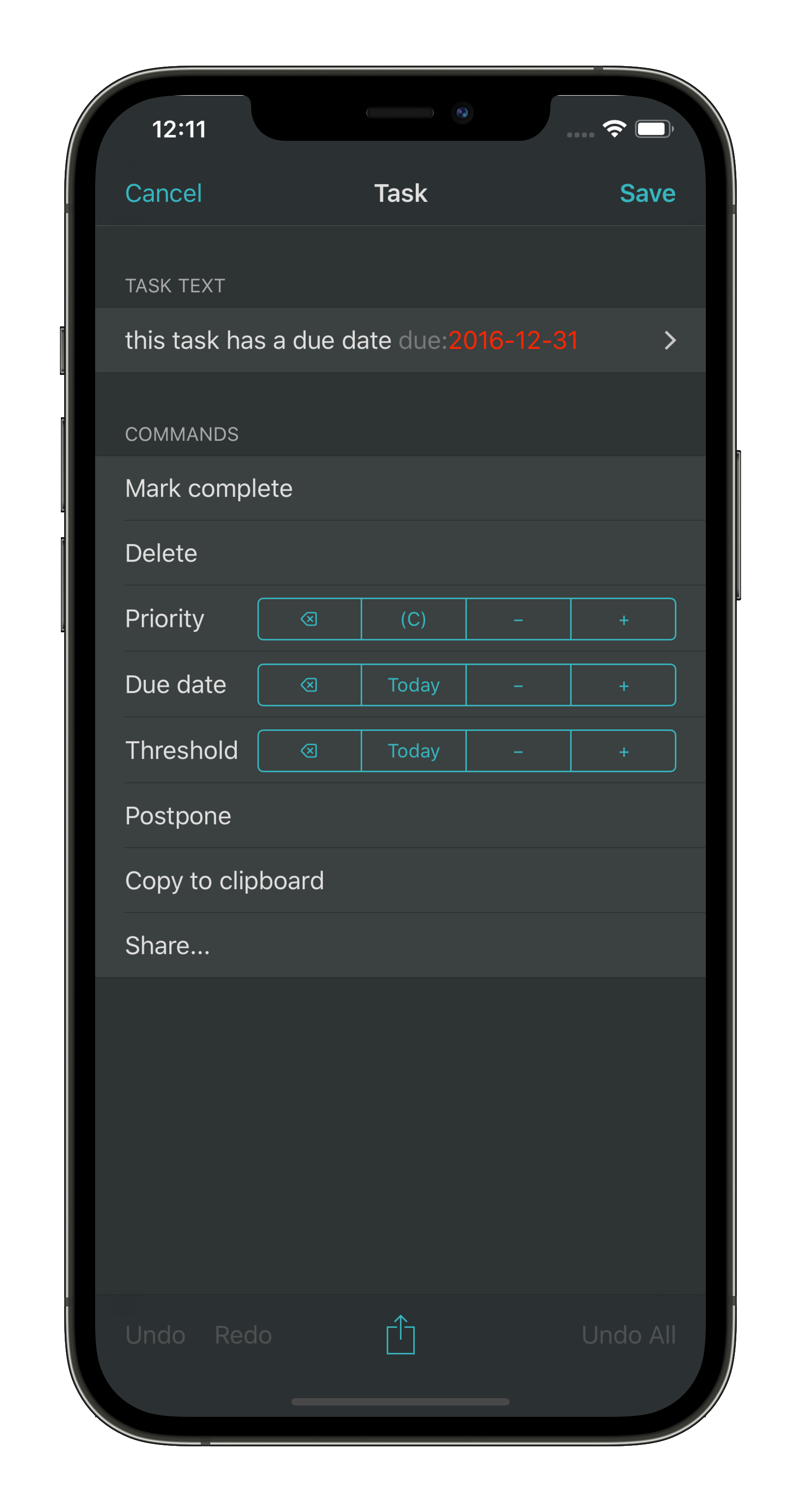 Screenshot of SwiftoDo running on iPhone, showing the task view
