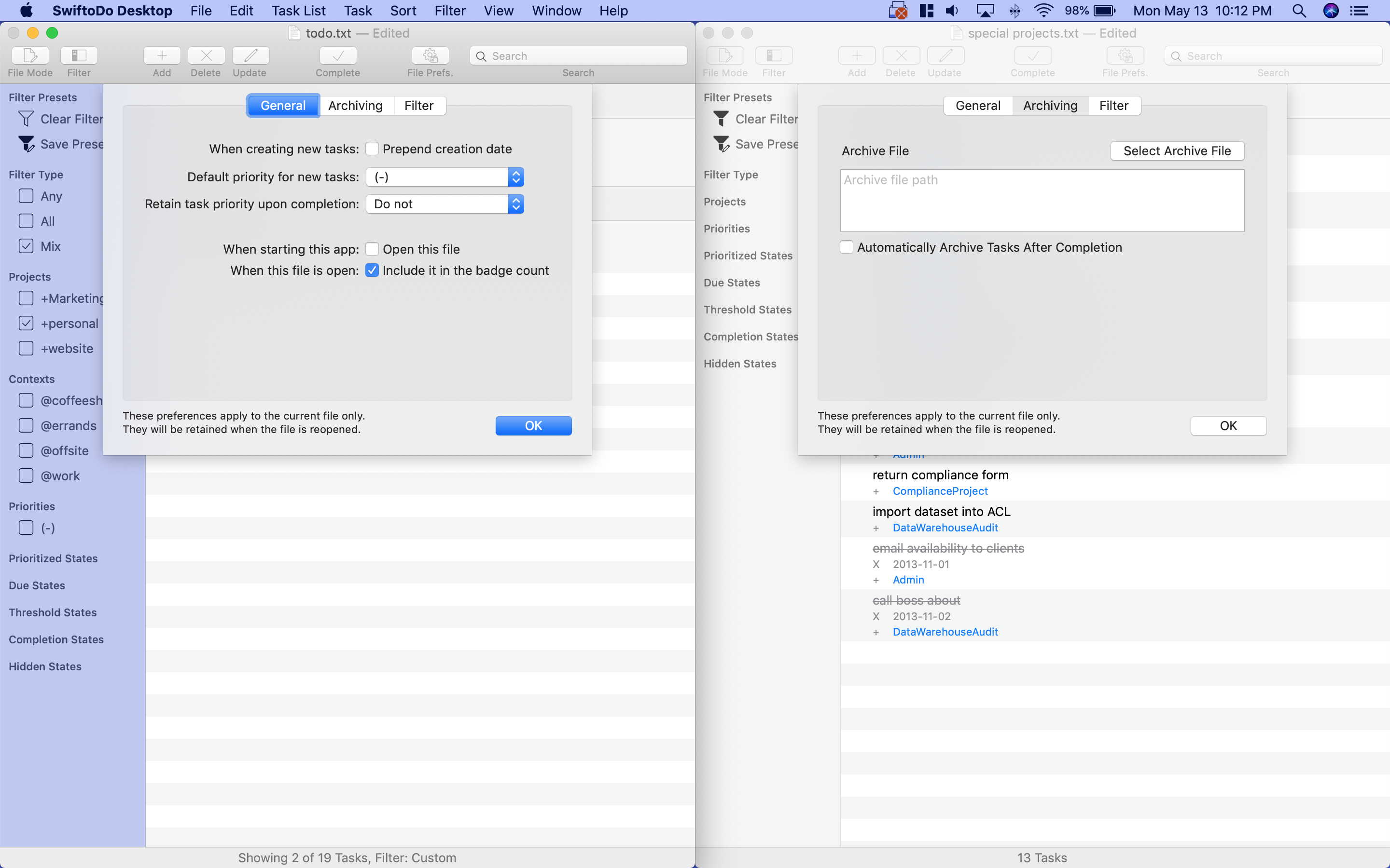 Screenshot of SwiftoDo Desktop showing file-specific settings